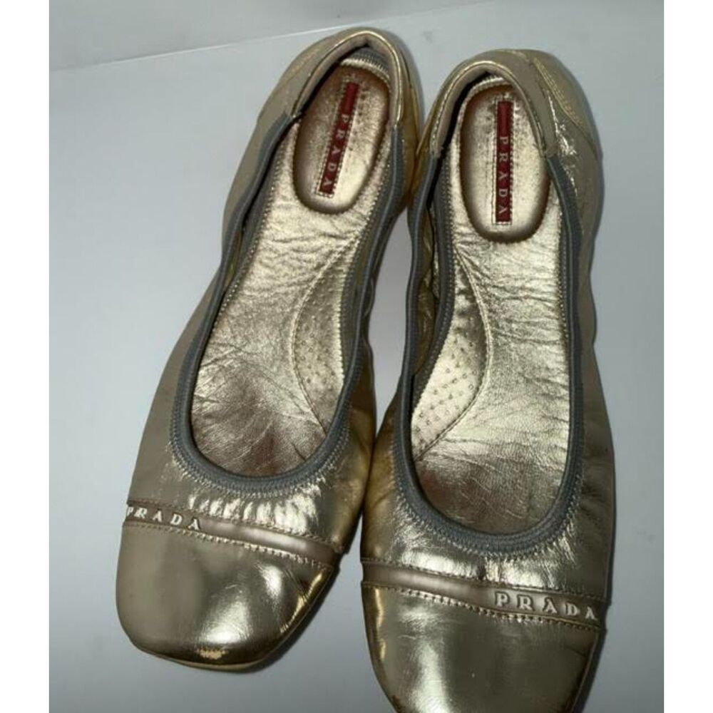Vintage Prada Sport Gold Ballet Flats | Y2K Designer Metallic Leather Shoes - Picture 2 of 11